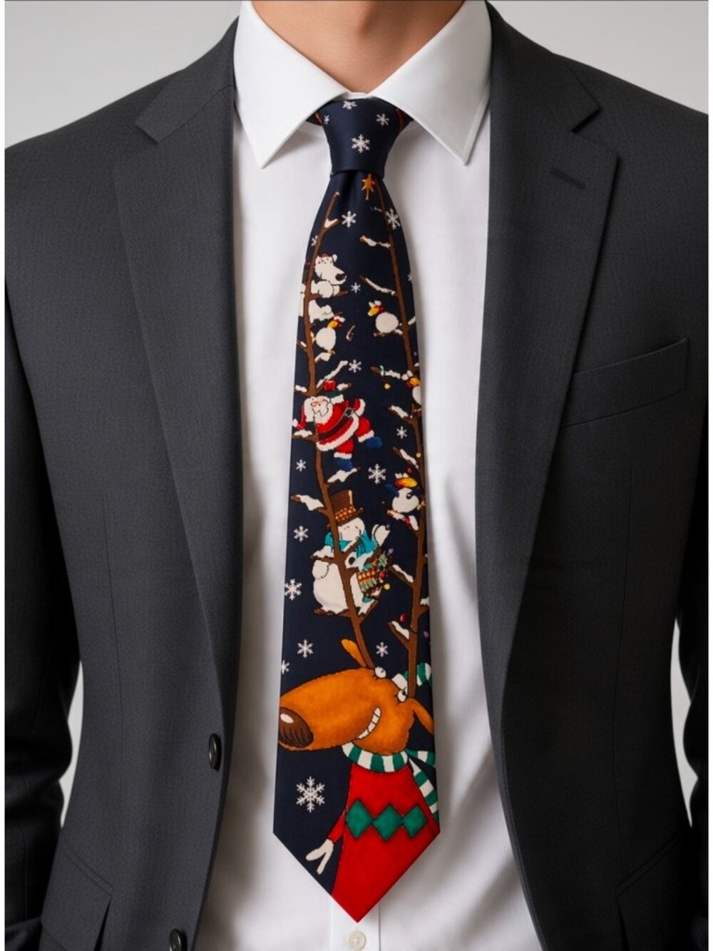 Polar Pals Christmas Novelty Tie With Reindeer & Santa Design Navy Background